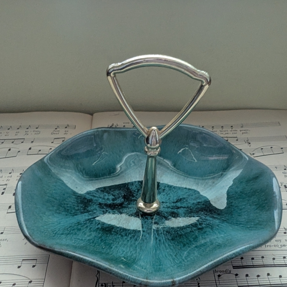 Blue Mountain Pottery Teal Ceramic Serving Tray with Silver Handle